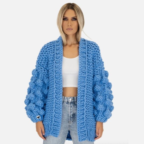 MumsHandmade Bubble Sleeve Cardigan Knit Chunky Blue Wool Popcorn Aran Mum's - Picture 1 of 10